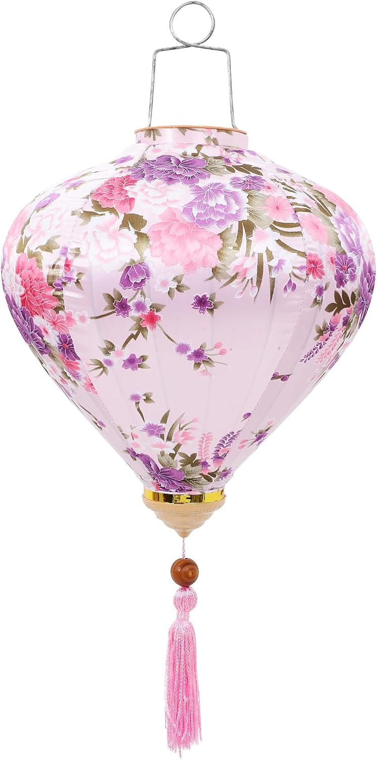 LUOZZY Chinese Style Hanging Lantern Vietnamese Silk Lanterns Chinese Japanese Floral Pattern Hanging Lanterns Silk Cloth Oval Lanterns Garden Yard Decoration, Pink