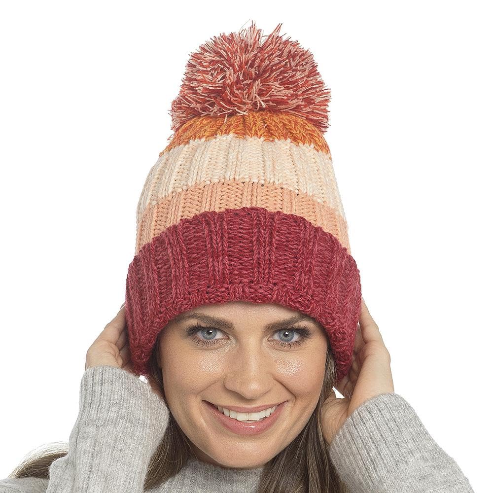 A2z Women's Berry Red Waterproof Knitted Twist Yarn Stripe Beanie Hat Thermal Sherpa Lined - Hat Lh1283 One Size