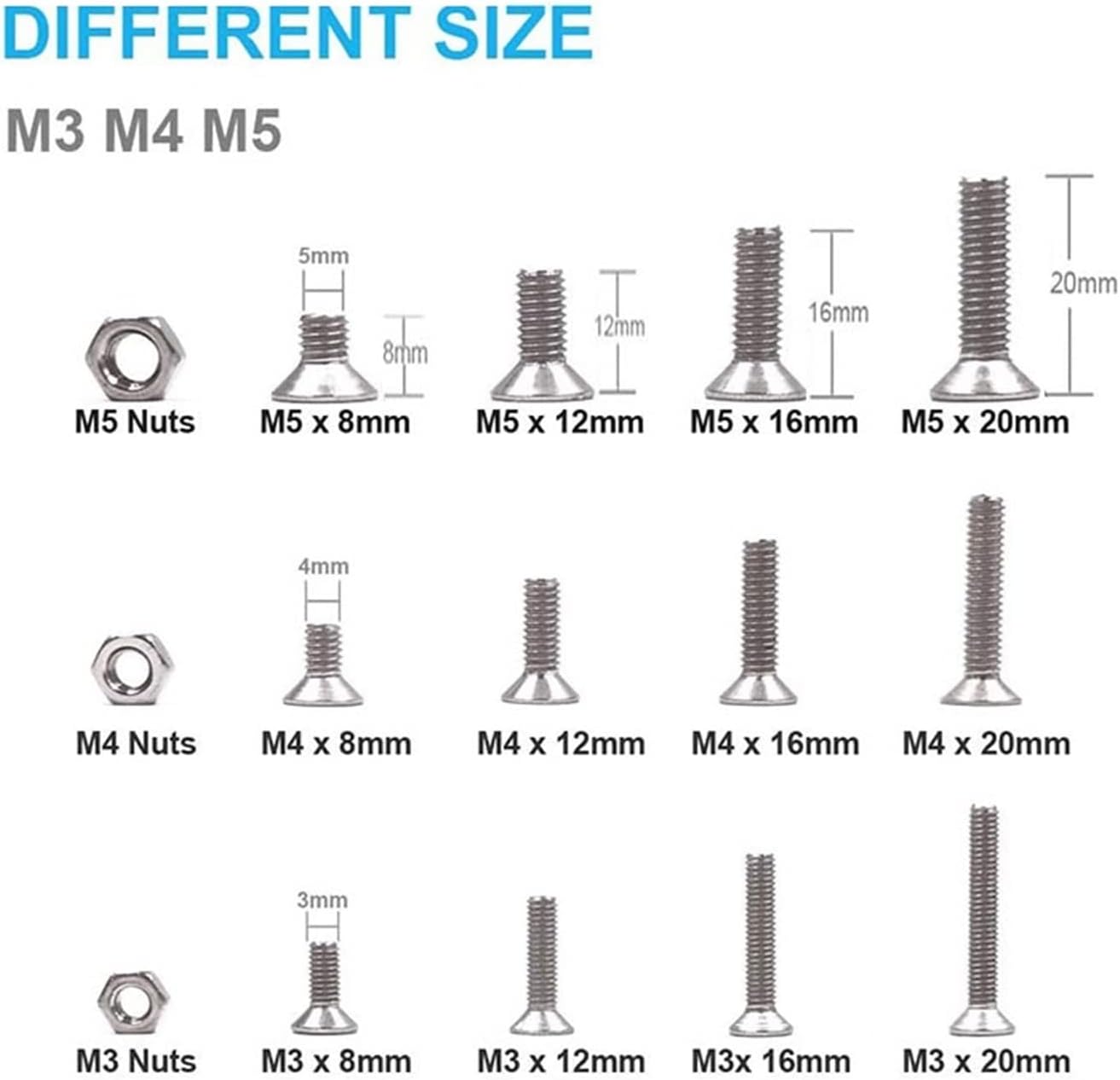 Youngran 440pcs Allen Key Head Hex Socket Screw Set M3 M4 M5 Stainless Steel Flat Countersunk Head Bolt and Nuts Screws Assortment Kit Leisurely