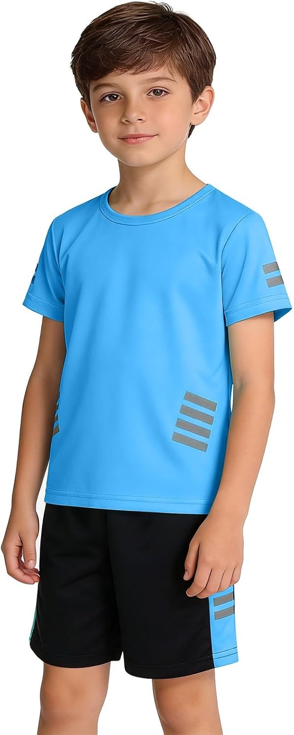 Boys Quick Dry 2 Piece Outfit Kids Reflective Short Sleeve T-Shirt Baggy Sports Shorts Tracksuit Set Summer Athletic