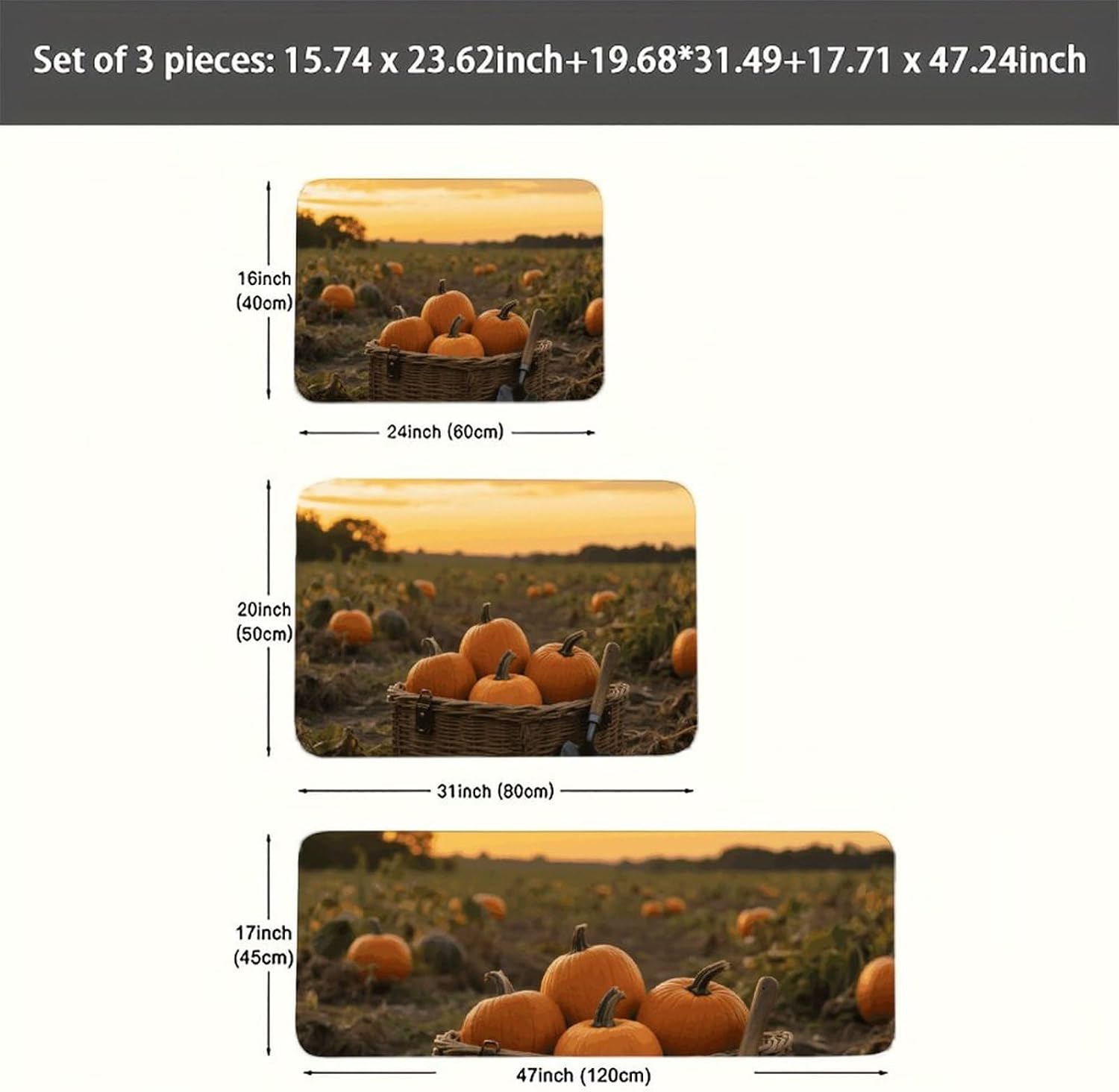 Pumpkins in Field Kitchen Mats for Floor 3 Pcs Kitchen Rugs