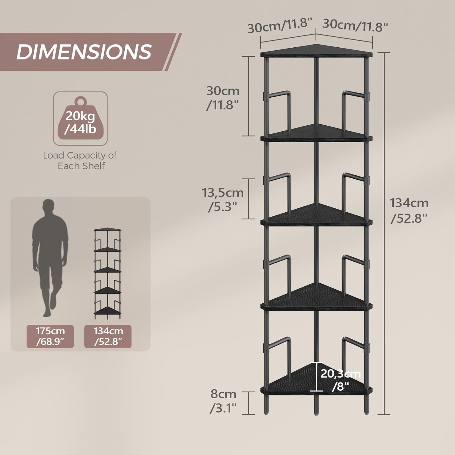 52.8" Corner Shelf, 5-Tier Industrial Corner Bookshelf with Metal Frame, Small Plant Stand, Display Shelf for Living Room, Bedroom, Home Office, Small Spaces, Black CSBK5501