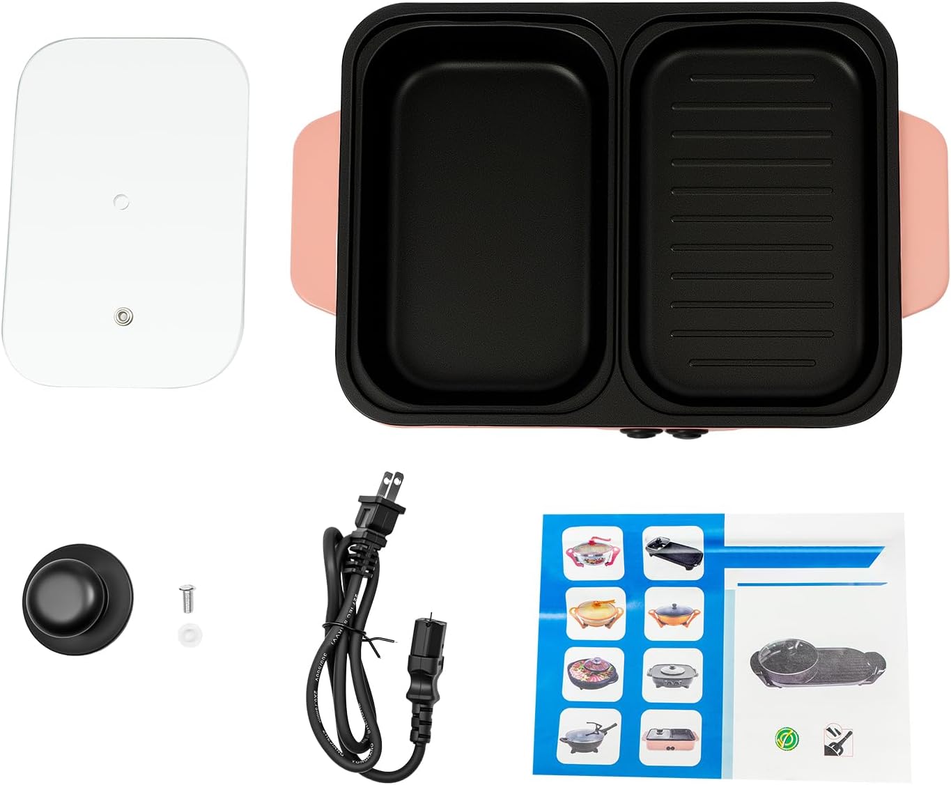 2-in-1 Electric Hot Pot, Non-Stick Portable Shabu Pot with Grill Pan, 110V 1200W Dual Temp Control, Indoor Cooking Appliances for BBQ, Steaks, Noodles, Pink