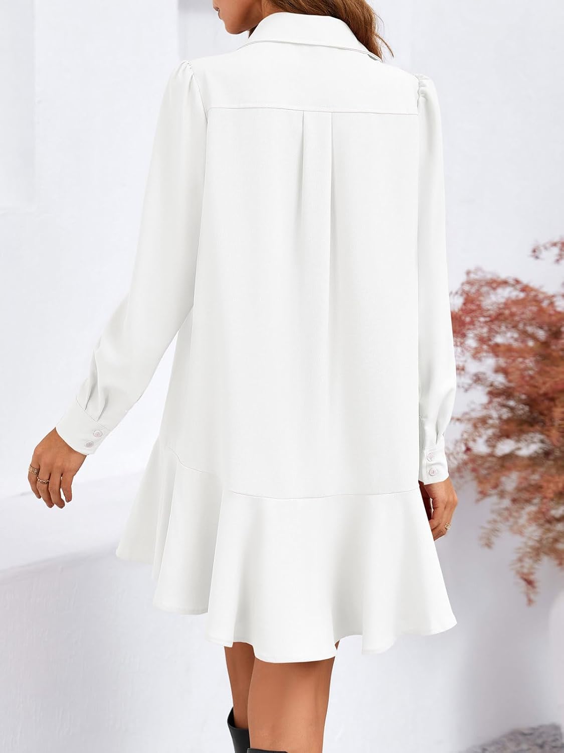 Fisoew Womens Casual Button Down Shirt Dress Long Sleeve Collared Pleated Swing Mini Dresses - Image 3