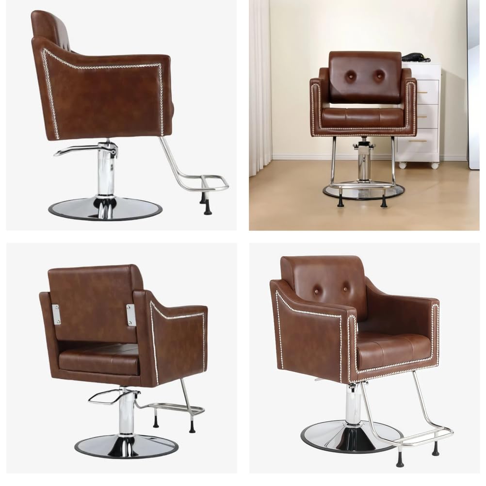 Fotel Fryzjerski, Hydrauliczny Fotel Fryzjerski, Hydrauliczny PodnośNik Z Obrotem O 360°, WyposażEnie Salonu Kosmetycznego, SkóRzany I Nitowany,Beige