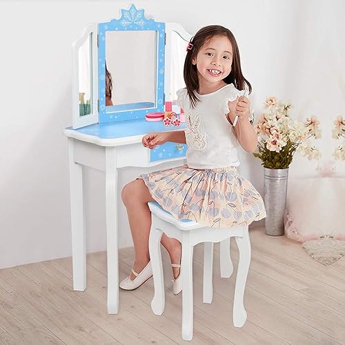 Miniatura 9 de Juego de tocador rosa para niños, juego de mesa y silla de maquillaje de madera para niñas pequeñas, tocador de princesa para niños, tocador con