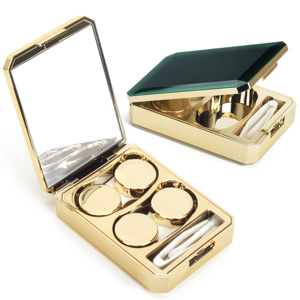 ofone Kontaktlinsen-Etui, 2 Stück Kontaktlinsenhalter-Set mit Entfernungswerkzeug, Pinzette, Spiegel, tragbare Kontakte, Behälter, Aufbewahrungsbox für Reisen (Goldgrün)