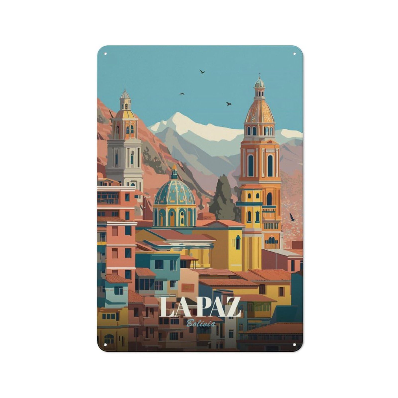 Junmoney Style-11 La Paz, Bolivia Cityscape Illustration Rustic Printed Metal Sign 30X20cm For Garage Or Workshop, For Garage, Workshop And Man Cave Decoration