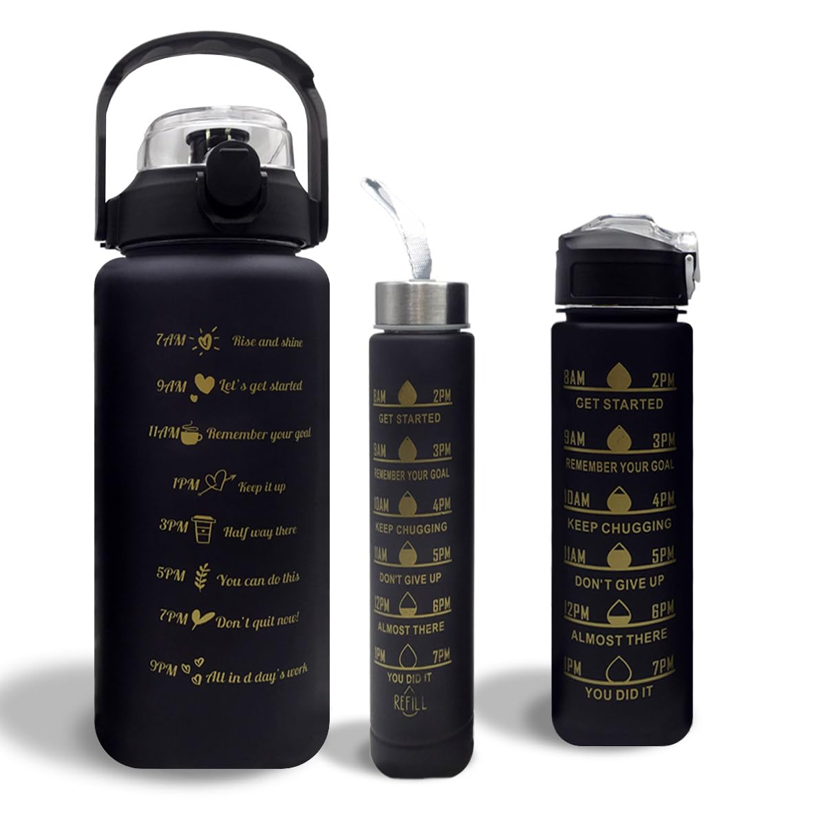 LITTLELAGOON Water Bottle 3 Pc Set with Straw 2L 300ml 900ml | Leak Proof BPA Free Motivational Drinking Bottles with Time Marker | Perfect for Sports School Office Gym Yoga Cycling for Kids Adults — image 1