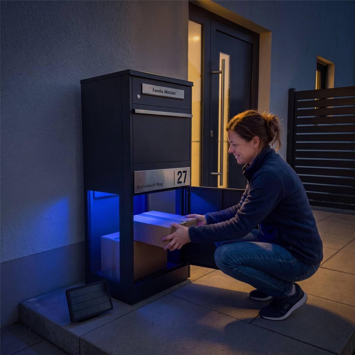 Metzler Paketbox mit Briefkasten | Paketbriefkasten mit LED | seitliche Sichtfenster | Paketkasten personalisiert mit Gravur | RAL 7016 Anthrazit | Bispo 2