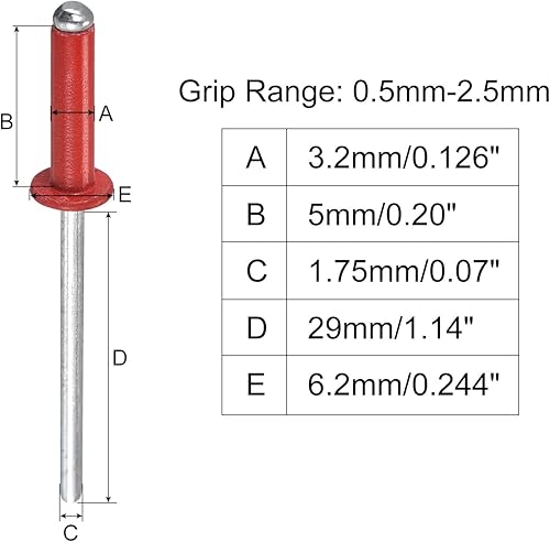 Miniatura 2 de uxcell Remaches ciegos, 0.126 in x 0.197 in de aluminio de extremo abierto plano redondo remache de cabeza para unir placa de metal de cuero, rojo