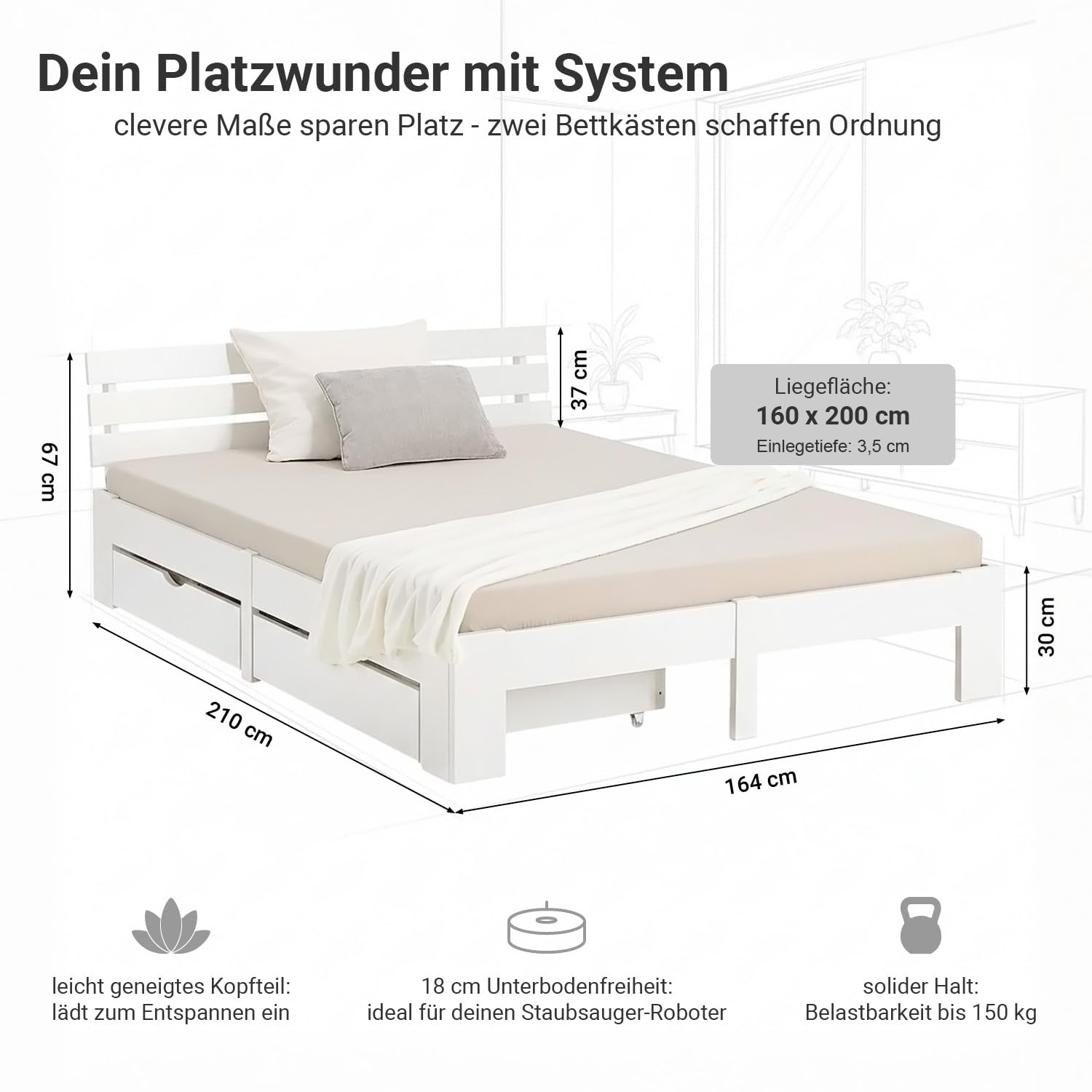 Homestyle4u Holzbett 160x200 cm Weiß mit 2 Bettkästen