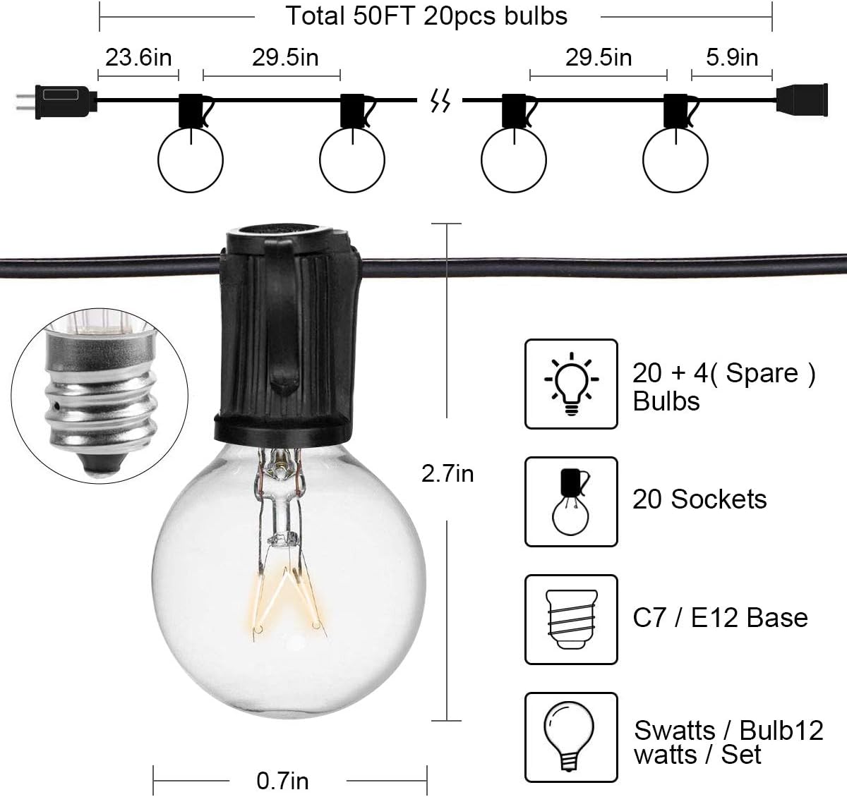 VAVOFO Outdoor String Lights with G40 Globe Bulbs, Waterproof Backyard Patio Lights, Hanging Indoor Outdoor String Lights for Bistro Deckyard Cafe Gazebo Porch Garden Party (Black, 50)