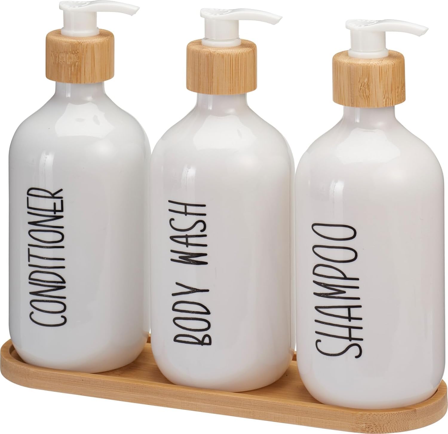 Envenzo White Glass Soap Dispenser Set With Bamboo Tray, Black, 500Ml Bottles For Shampoo Conditioner Body Wash, 4 Piece (White)