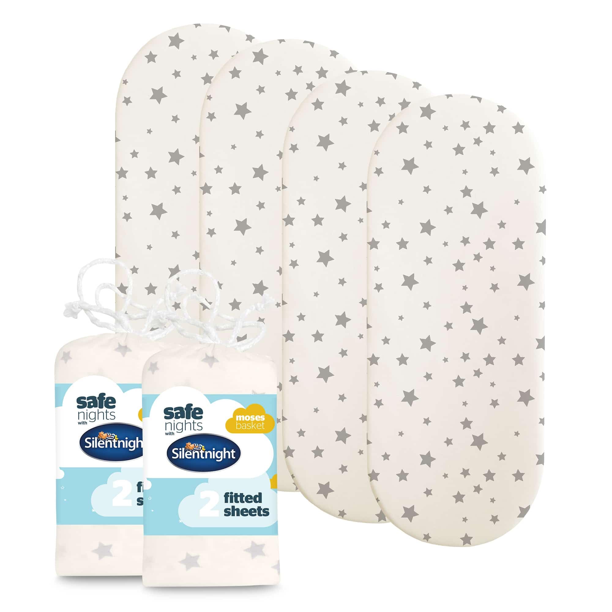 Silentnight Safe Nights Moses Basket Fitted Sheets Bundle - Pack Of 4 Grey Star