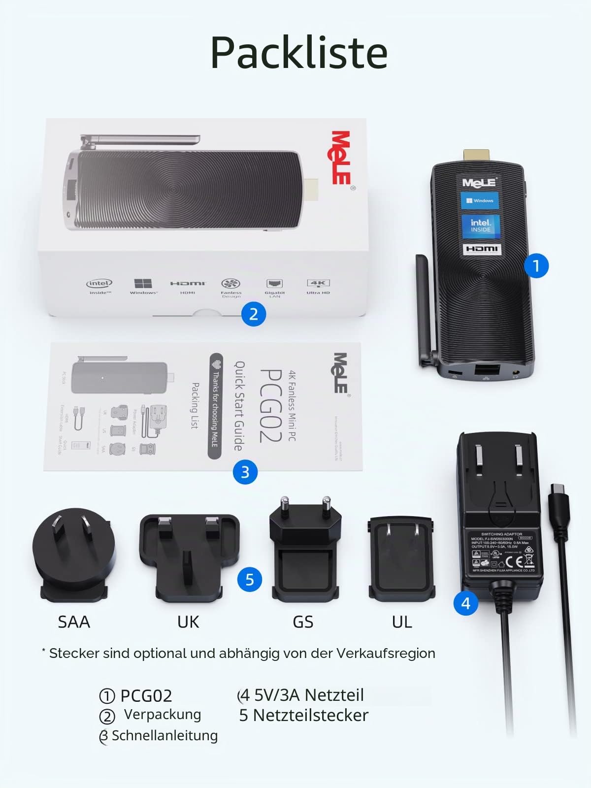 MeLE PCG02 Mini-PC-Stick Lüfterloser Celeron J4125, Kleiner Computer, Micro-PC, LPDDR4, Win11, HDMI 4K 60Hz, 2.4G/5G Wi-Fi 5, Gigabit Ethernet, BT 4.2, USB 3.0, Wake on LAN, PXE (8G/256G)
