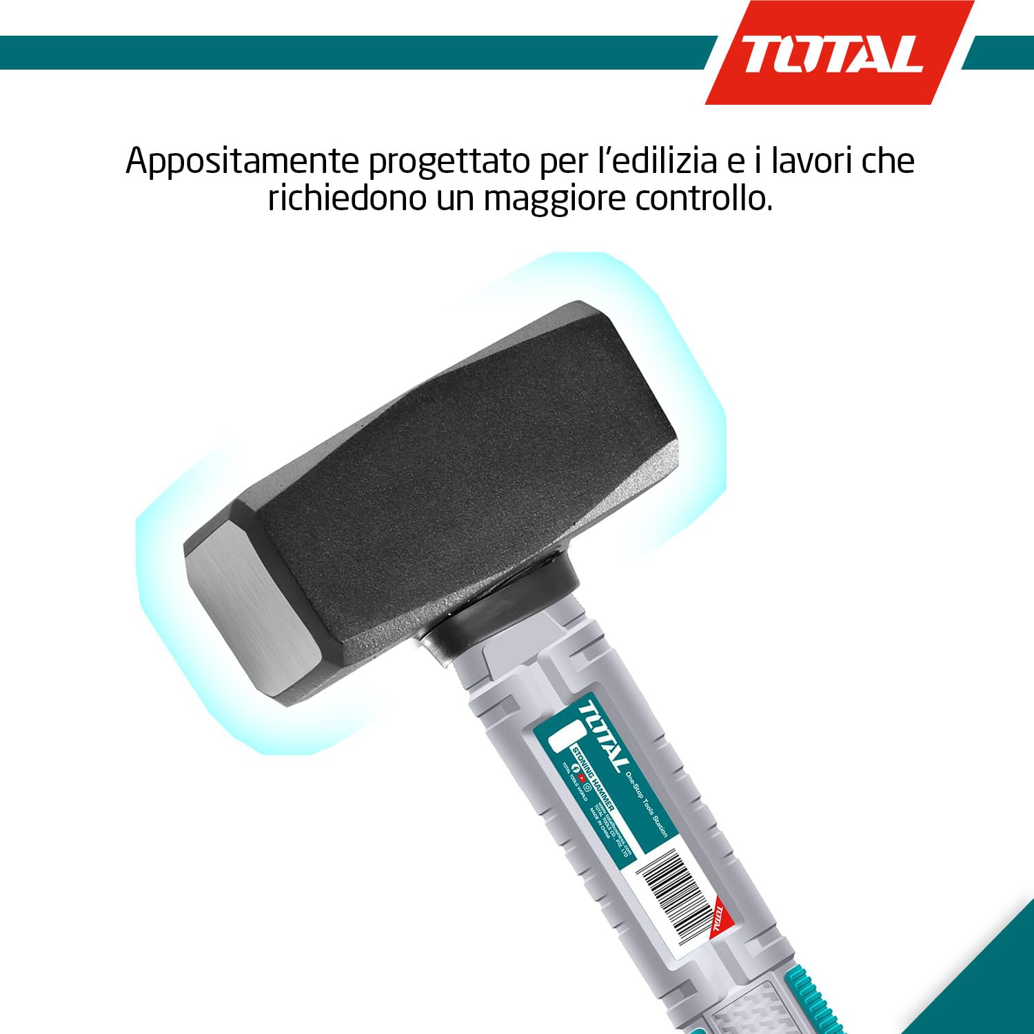 TOTAL - Mazza in acciaio | 2000g | Ideale per edilizia e muratura | Elevata resistenza agli urti | Manico ergonomico in fibra | Testa in acciaio al carbonio forgiato