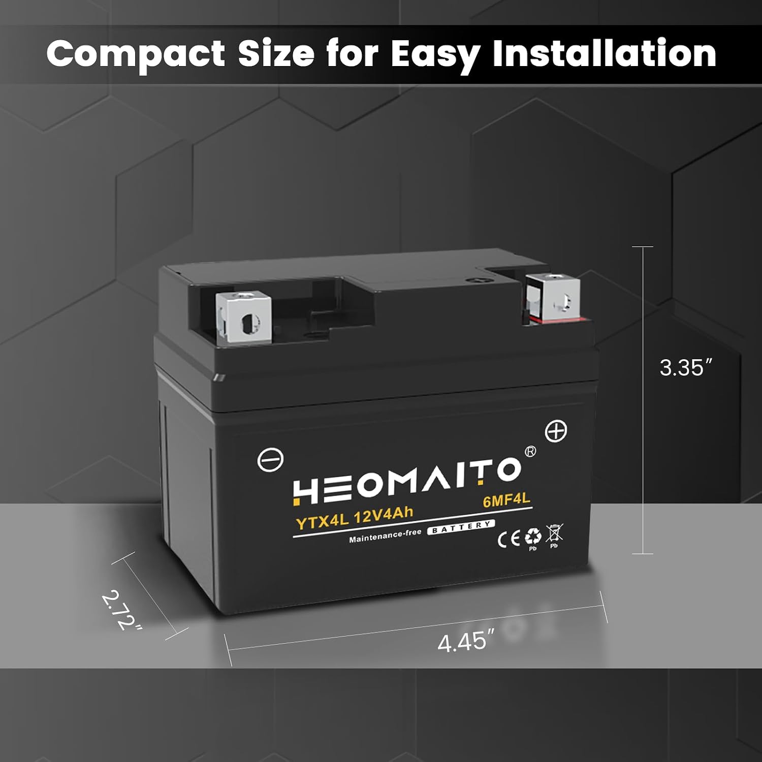 Lead-Acid Battery YTX4L-BS, 12V 4Ah, 140 CCA, 6MF4L Maintenance-Free Power, for AGM Motorcycle Battery, Motorcycles 50–100 CC, ATVs 50–90 CC