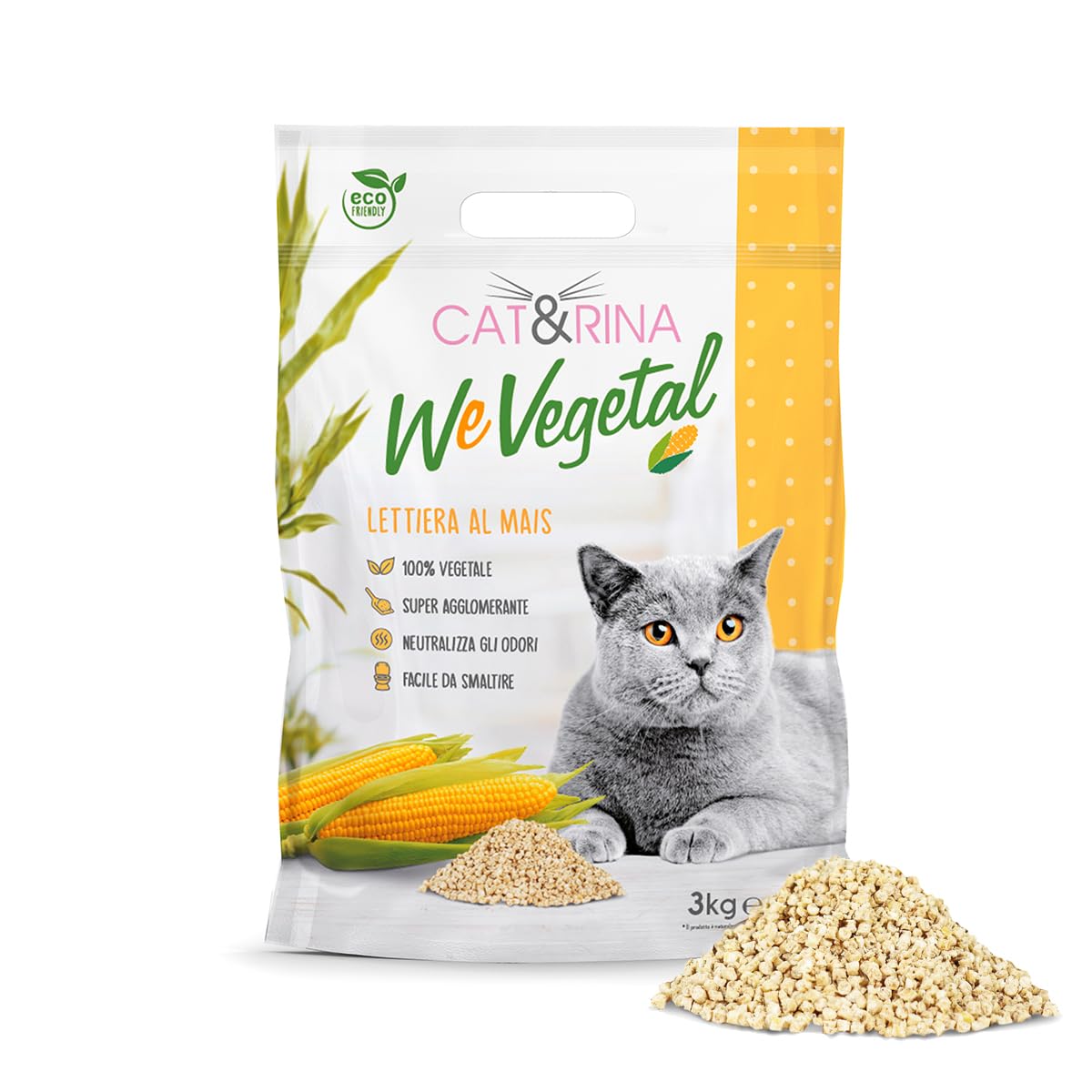 Cat&Rina WeVegetal żwirek dla kotów, 100% pochodzenia roślinnego, piasek kukurydziany, do 30 dni użytkowania, do użytku w organicznej lub toalecie, 6 opakowań