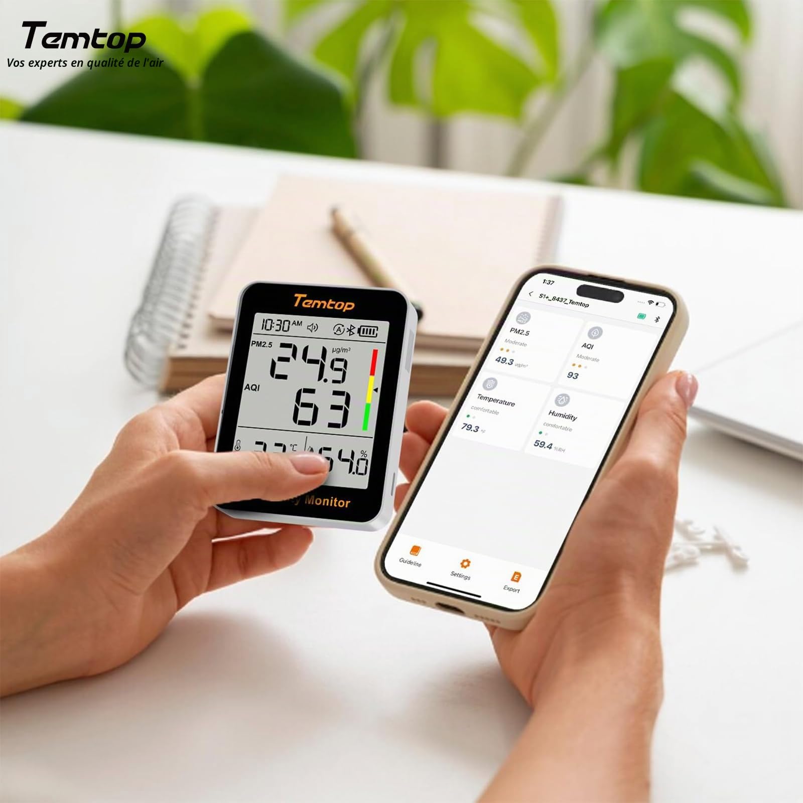 Temtop S1+ Appareil de Mesure de la Qualité de l'air PM2,5 AQI Température et Humidité, Thermomètre Hygromètre Connecté APP, Autonomie de Batterie Longue de 100 Jours pour Maison