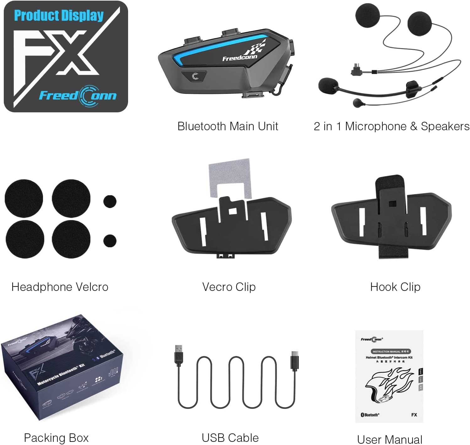 FreedConn FX Cuffia Auricolare Bluetooth per Casco Moto, Comunicazione e Riduzione del Rumore Fino a 10 Motociclisti, Citofono Universale Fuoristrada 1500m con Radio FM