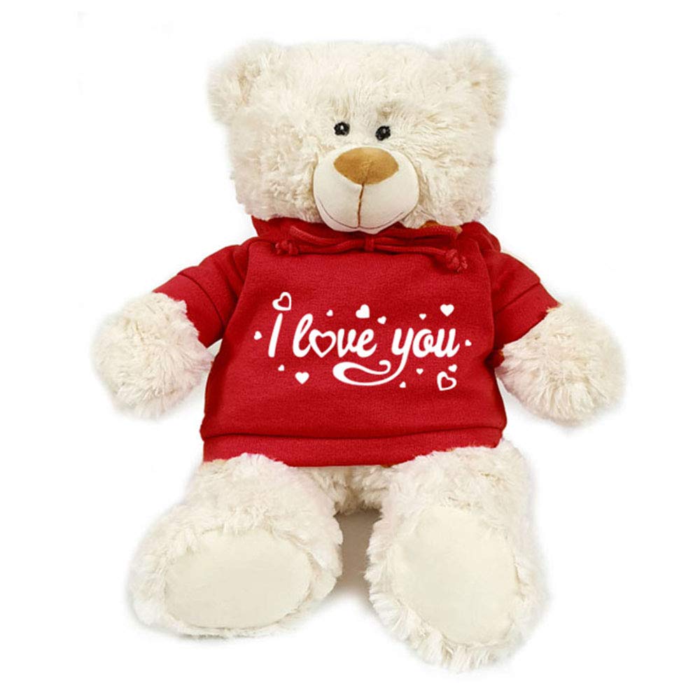 Caravaan Supersoft, cuddly teddy bear with trendy red hoodie. I love you. Size 38cm. Ideal for Birthdays, celebrations, boys, girls parties. Soft and cuddly.