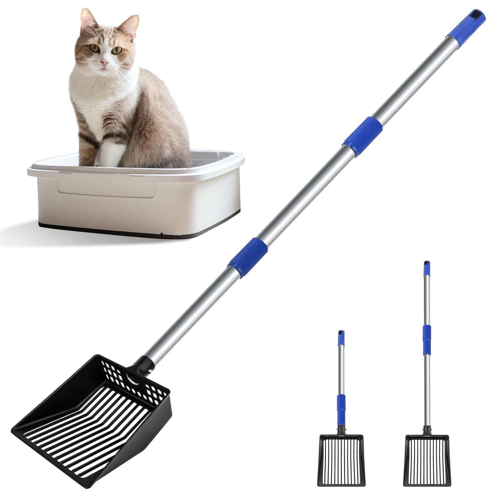 JAMIEWIN Extendable Metal Cat Litter Scoop, Long Handle Litter Sifting Shovel, 21"-39.5" No Bending Back Cat Scooper for Litter Box Heavy Duty Pet Poop Shovel Chicken Poop Scooper