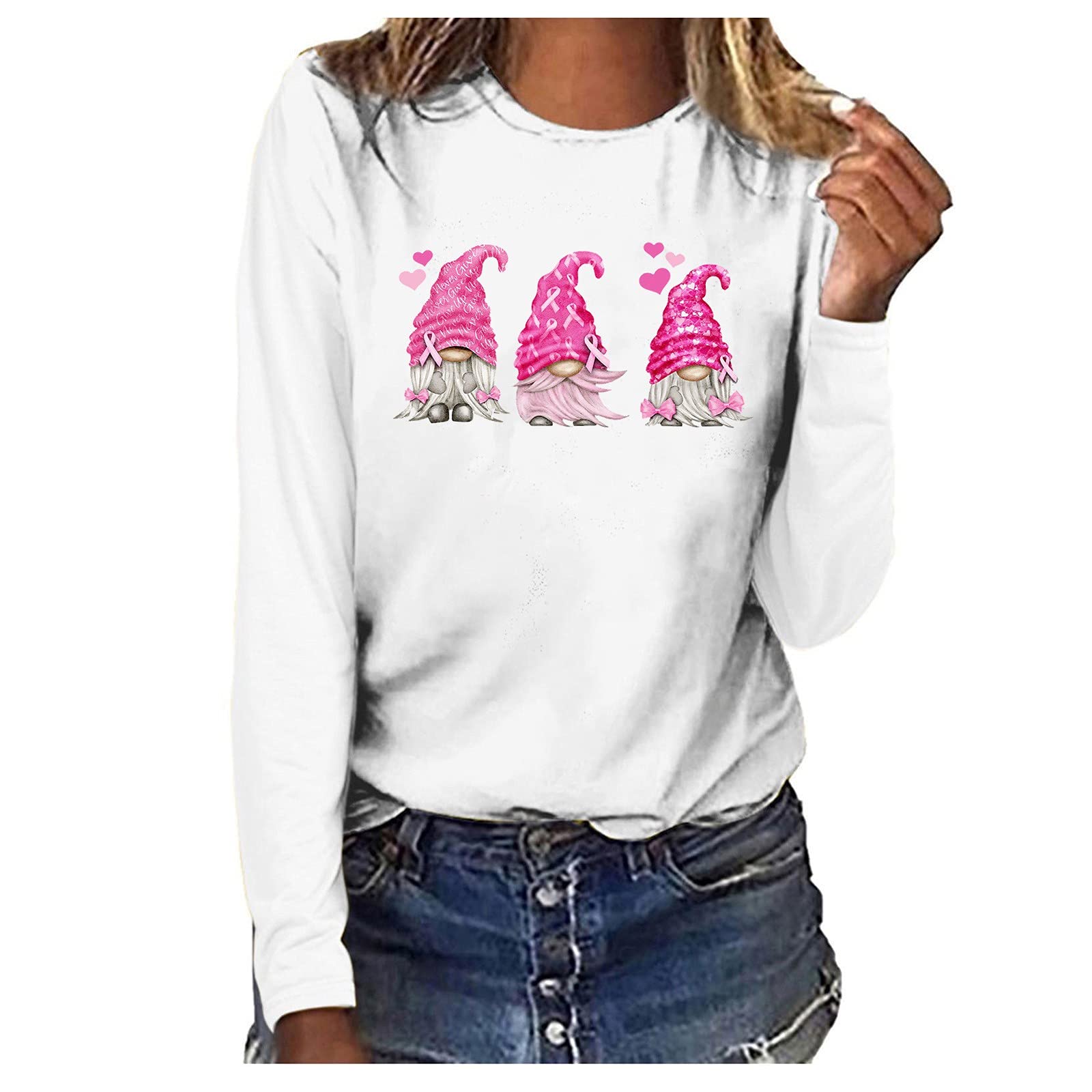 Breast Cancer Awareness Long Sleeve Sweatshirt For Women Cute Gnome Pink Ribbon Print Pullover Tops Cute Fall Hoodies