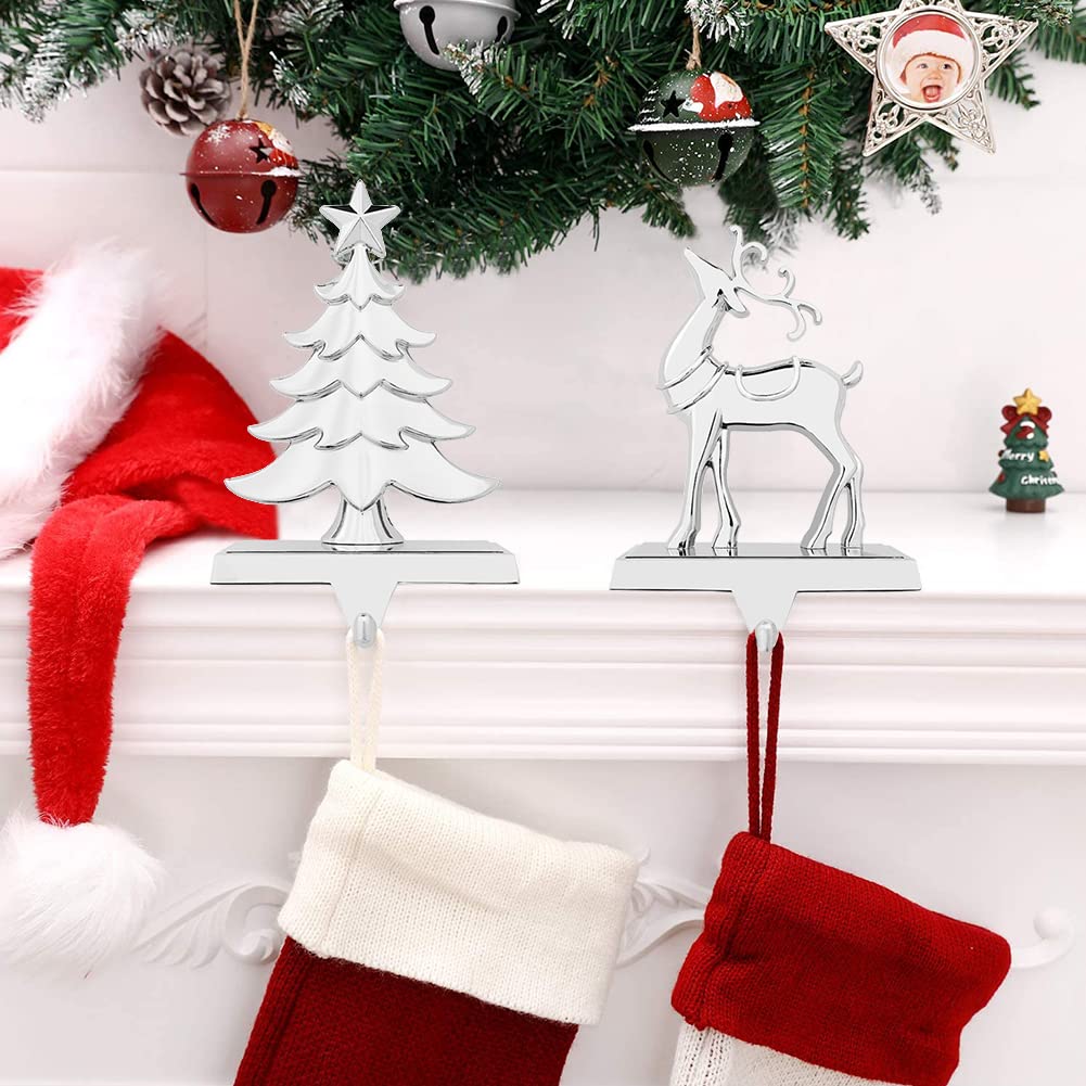 MINILIFE Christmas Stocking Hanger, Double Christmas Tree Stocking Holder for Mantle - Holiday Mantle Fireplace Topper Silver Christmas Decoration