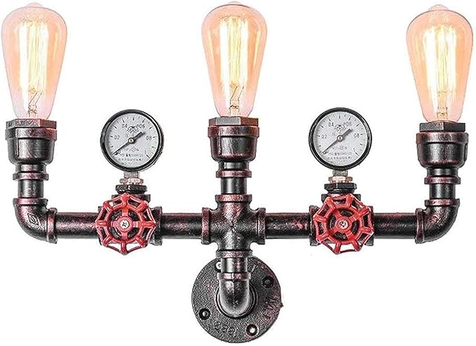 UZOURI Pijp wandlamp, wandlamp industriële metalen kap 3 vintage en retro-stijl bar, E27 lamp