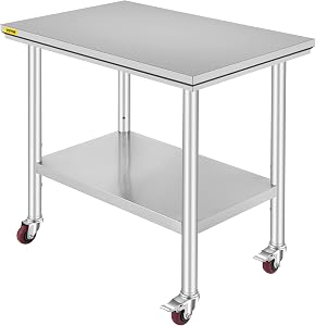VEVOR 36x24x33.5 inch Stainless Steel Work Table with Wheels Prep Table with casters Heavy Duty Work Table for Commercial Kitchen Restaurant Business Garage 350 lb Capacity