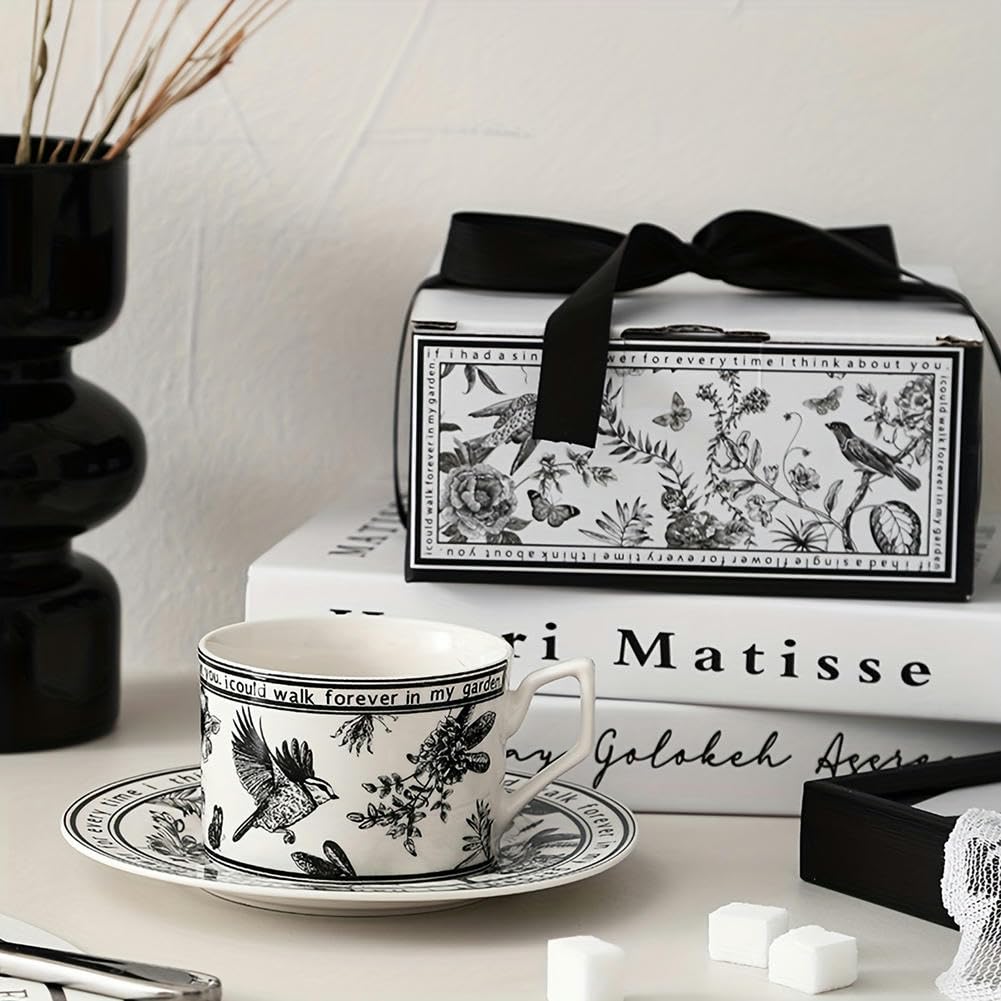 Set di 2 pezzi, Set di tazze da tè e piattini con fiori bianchi e neri, eleganti bicchieri francesi per colazione, tea party, ristorante e altro, estate – Bevande invernali, regali