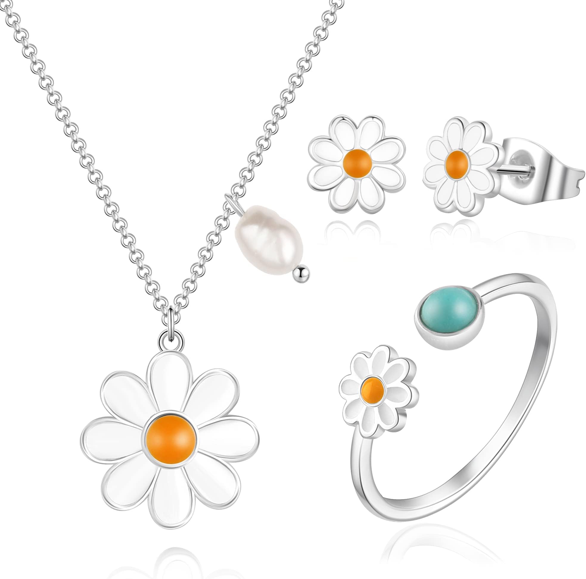 SenteriaDaisy Necklace 925 Sterling Silver Jewellery Sets for Women Sunflower Necklace Earrings Rings Set Tiny Cute White Daisy Flower Pendant Necklace for Teens Girls