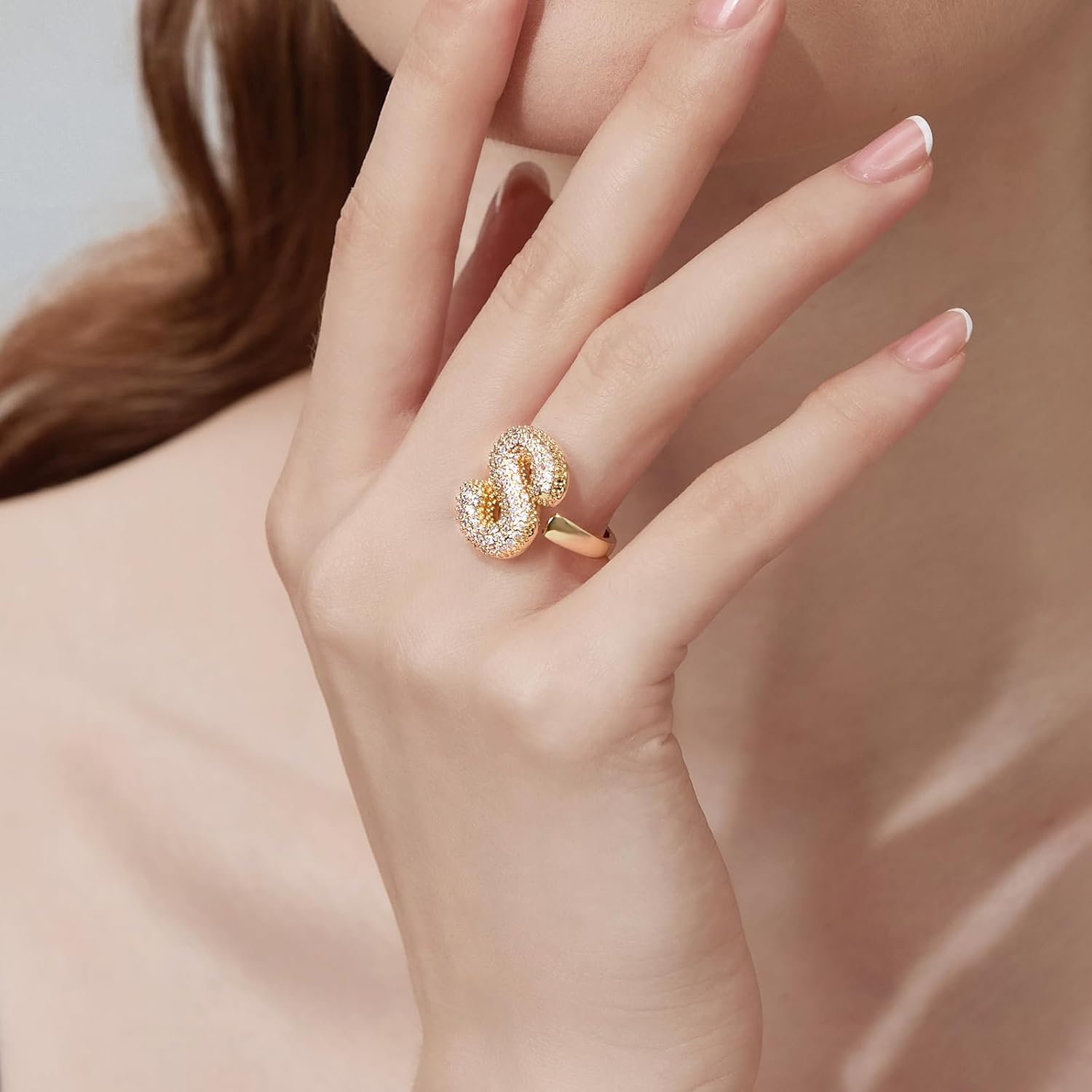 Cicy Bell Initial Rings for Women 14k Gold Plated Cubic Zirconia Delicate Letter Chunky Statement Open Rings Gifts for Her - Image 4