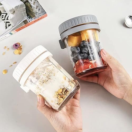 Miniatura 6 de Contenedor de avena durante la noche, conservas de vidrio de avena con tapas y cuchara, cereales de 10 onzas, leche, ensalada de frutas, con marcas
