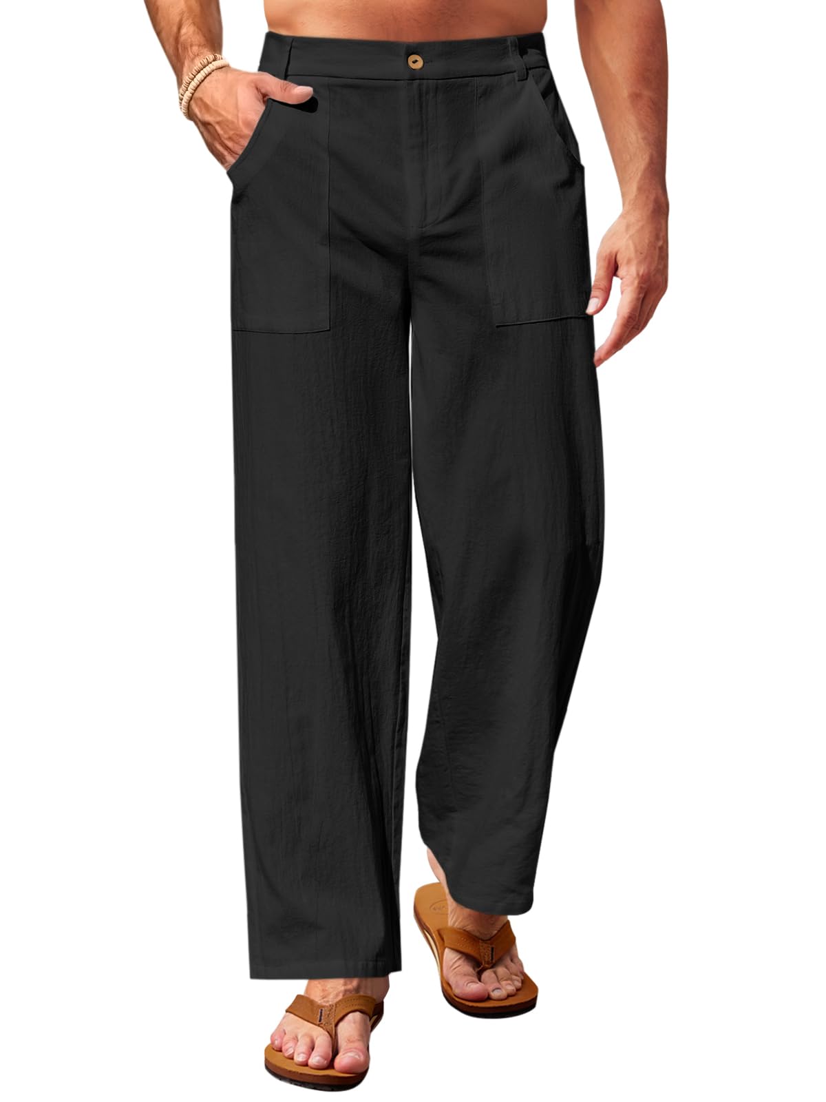 Runcati Mens Casual Cotton Linen Pants Loose Fit Summer Lightweight Elastic Waist Pants Baggy Wide Leg Beach Yoga