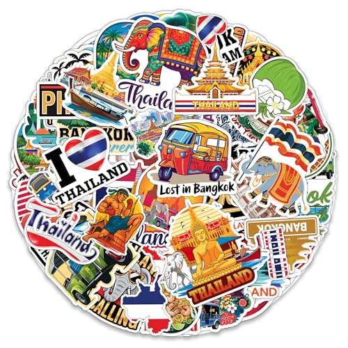 MONIZY Thailand Stickers 50 Pieces Vinyl Waterproof Decal for Laptop Water Bottle Phone Car Window Bike Motorcycle Stakeboard Scrapbook Thai Vacation Sticker Gifts