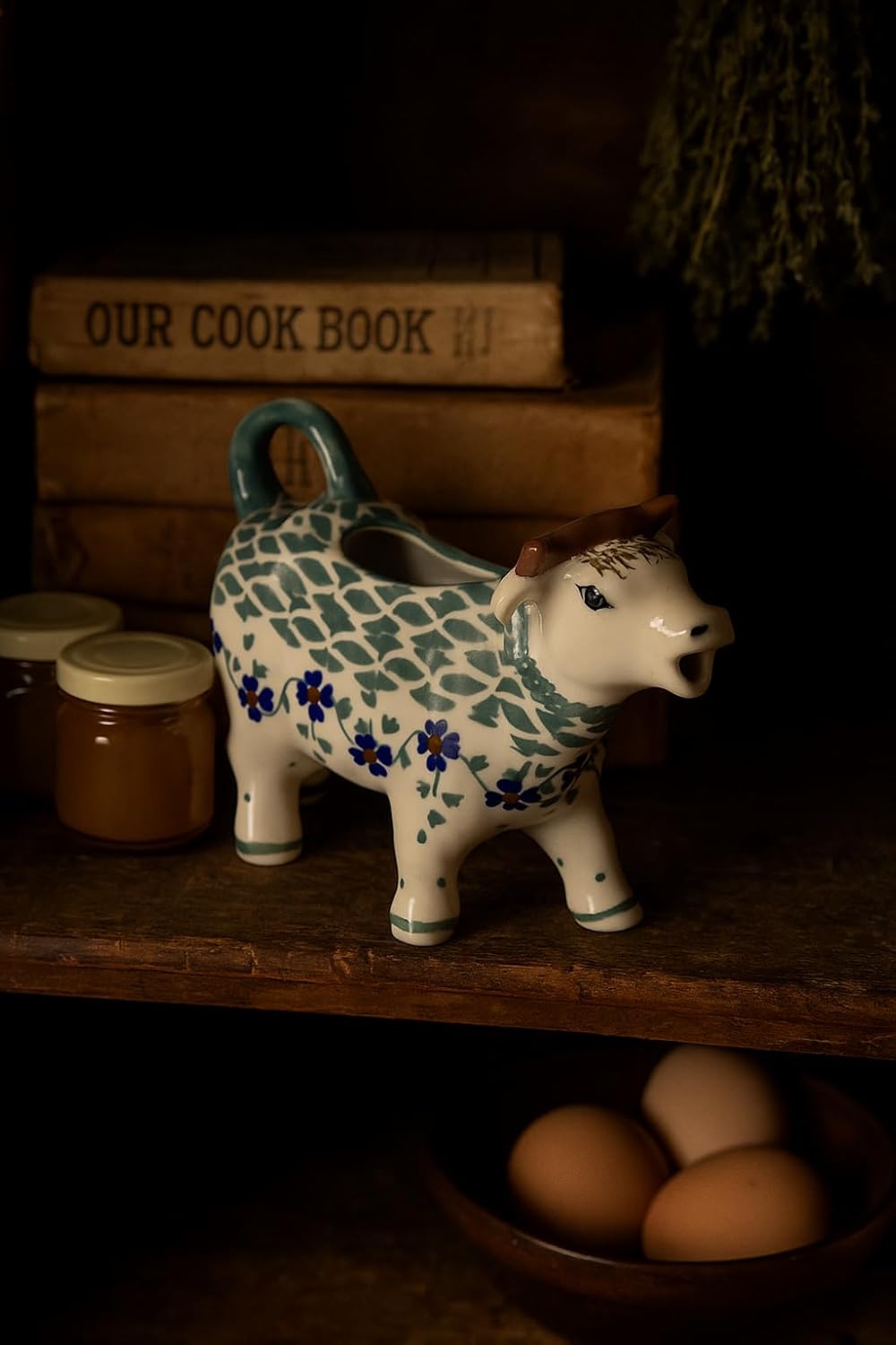 Blue Rose Polish Pottery - Green Sage Floral Cow Creamer - 5 oz Capacity - Ceramic Cream Pitcher in Cow Shape