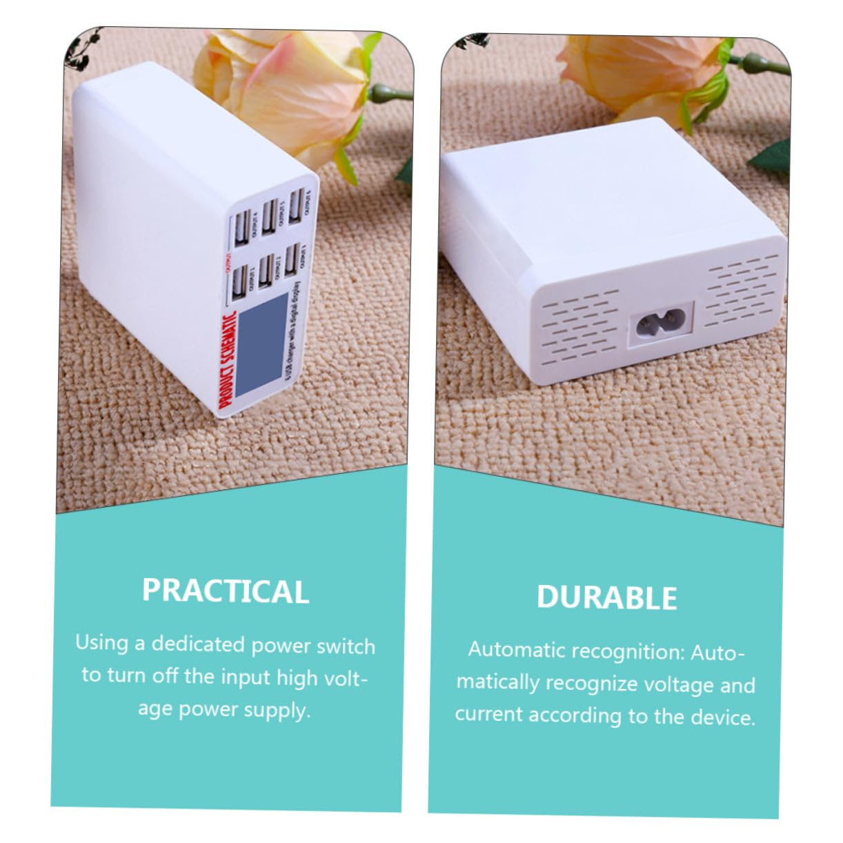 LALAFINA Estación de Carga Inteligente USB 6 Puertos para Múltiples Dispositivos, Usuarios Domésticos y Viajeros, Pantalla LCD, Protección contra Sobrecargas, Compacto, Adaptador Europeo