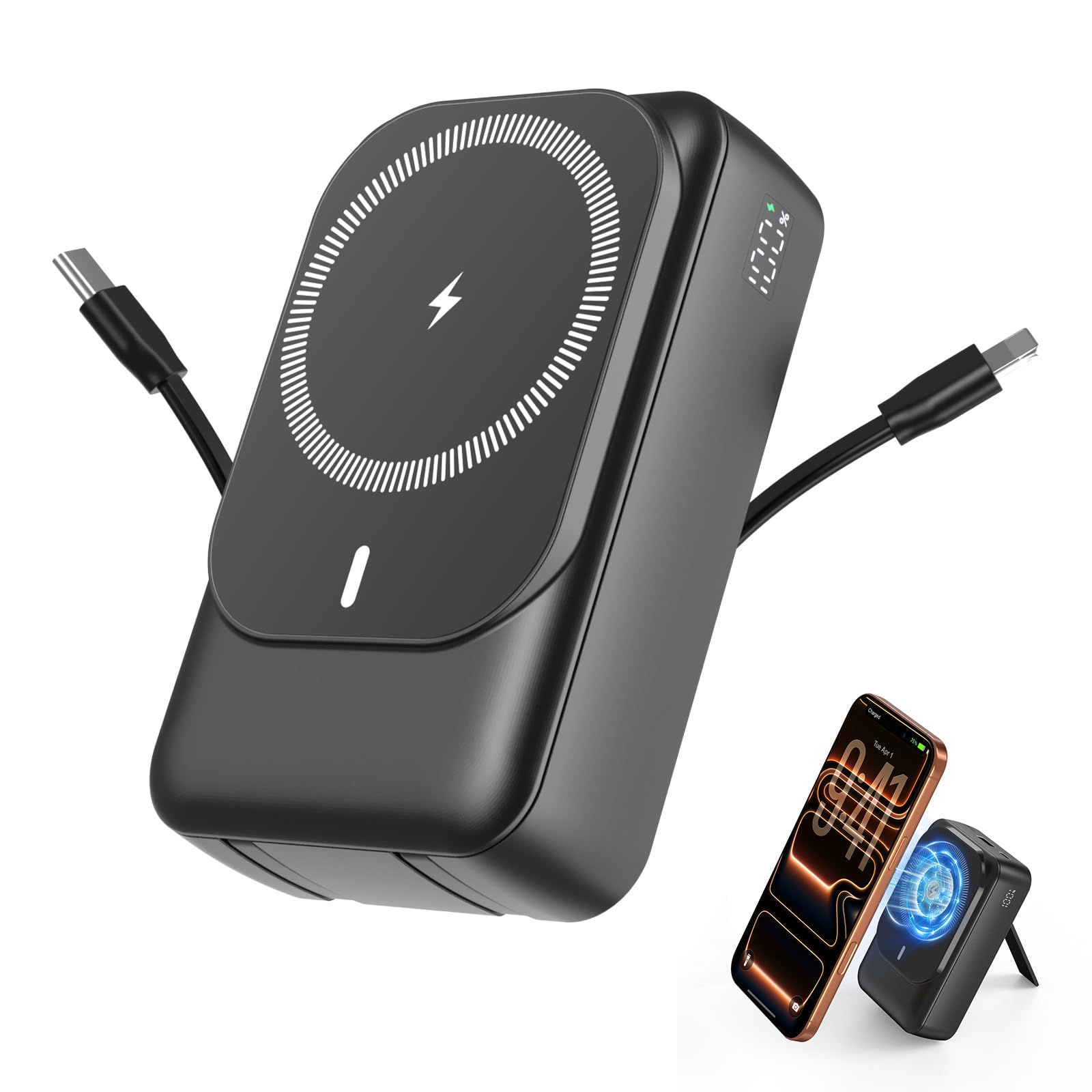Batterie Externe magnétique 26800mAh avec 2 câbles intégrés, PD 22,5 W Charge Rapide, Portable sans Fil Power Bank Compatible avec iPhone Air 17/16/15/14/13/12 séries - Noir