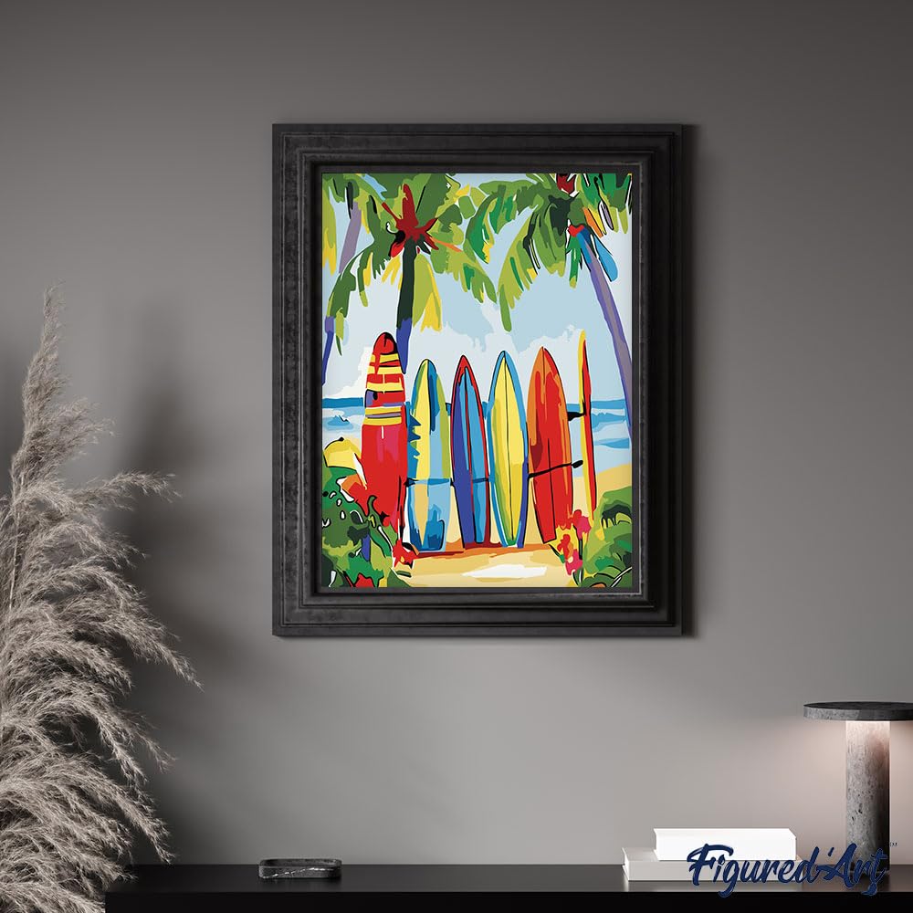 Figured'Art Pintar Por Números Adultos – Kit De Acrílico Con Lienzo De 40x50 Cm, Tabla De Surf En La Playa, Manualidad DIY Para Relajarte Y Decorar Tu Hogar