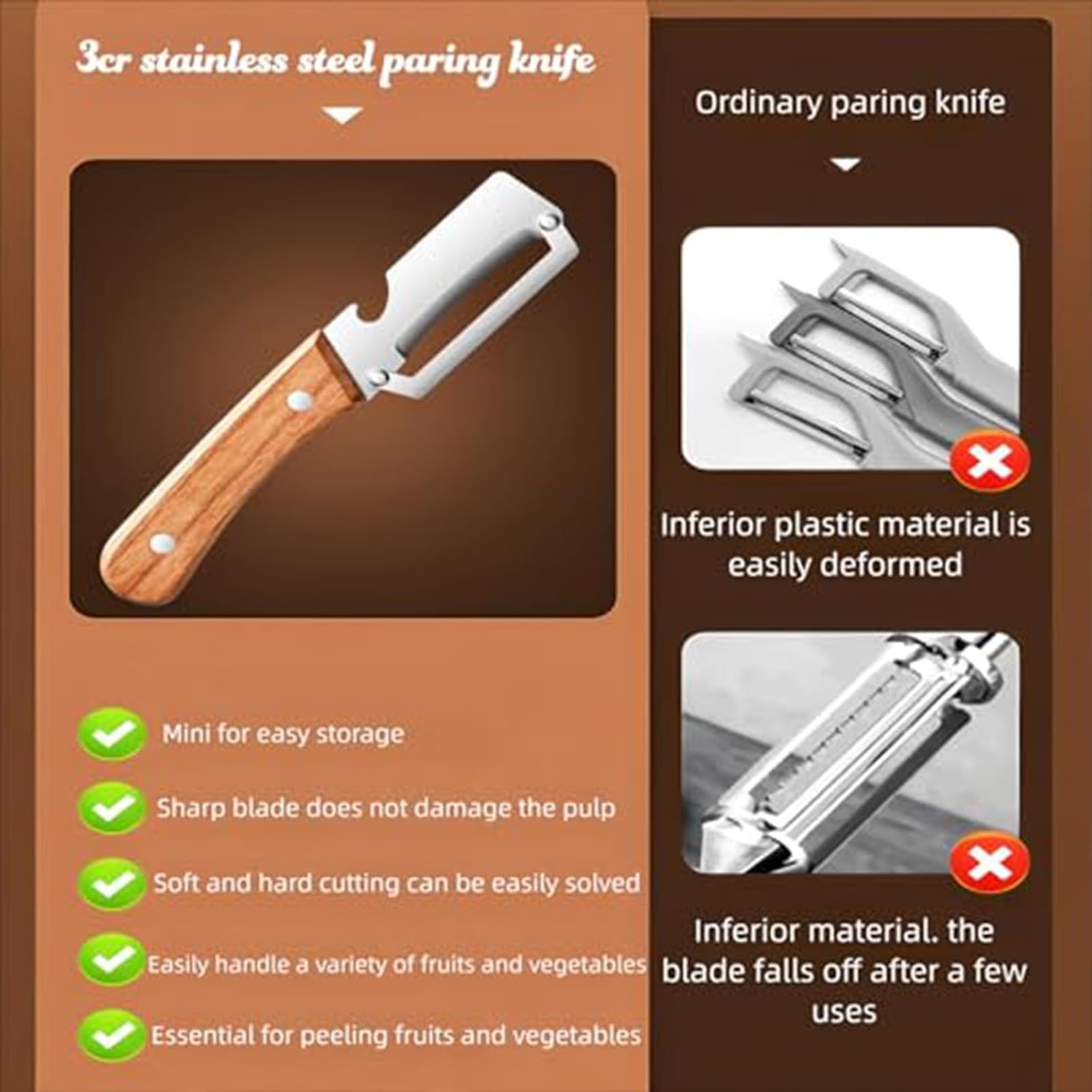 2 Pack Multifunctional Vegetable Peeler, Stainless Steel Blade Peeler with Wooden Handle, Built-in Bottle Opener, Non‑Slip Fruit Peeler for Kitchen, Ideal for Apple, Potato, Pumpkin, Papaya & More — view 5