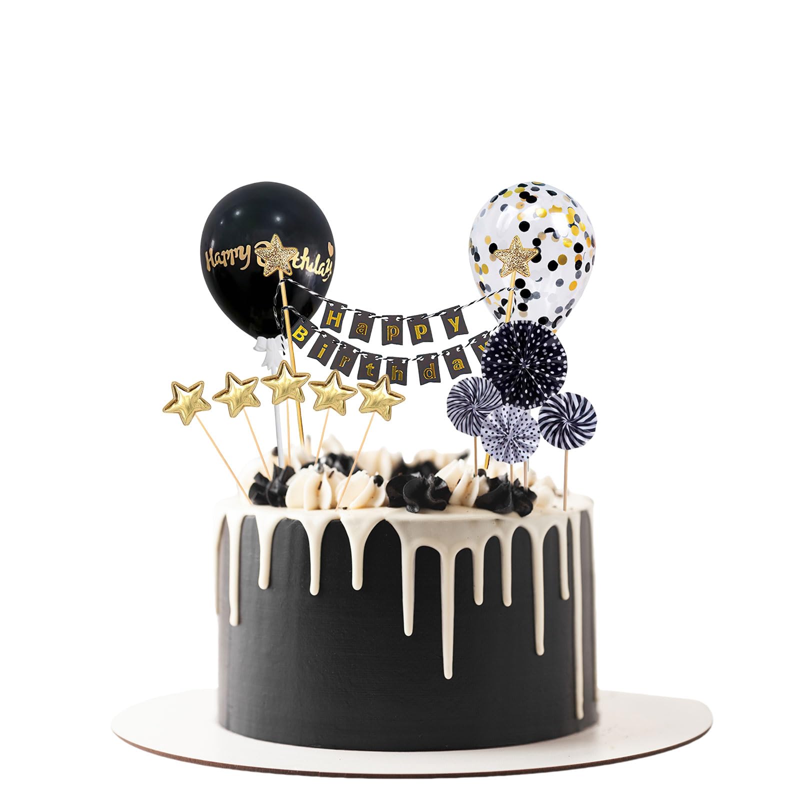 Tortendeko Schwarz Gold 12-teilig - Cake Topper Set Mit Banner, Ballons, Sternen & Fächern