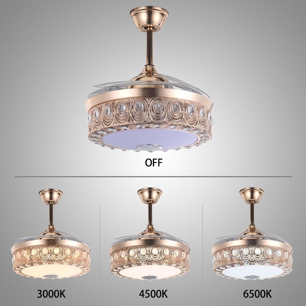 A Million Modern Fandelier Ceiling Fan with Light and Remote, 42”Gold Retractable Chandelier Ceiling Fans with Bluetooth Speaker 3 Speeds RGB LED Light Crystal Fandeliers for Dining Room Bedroom