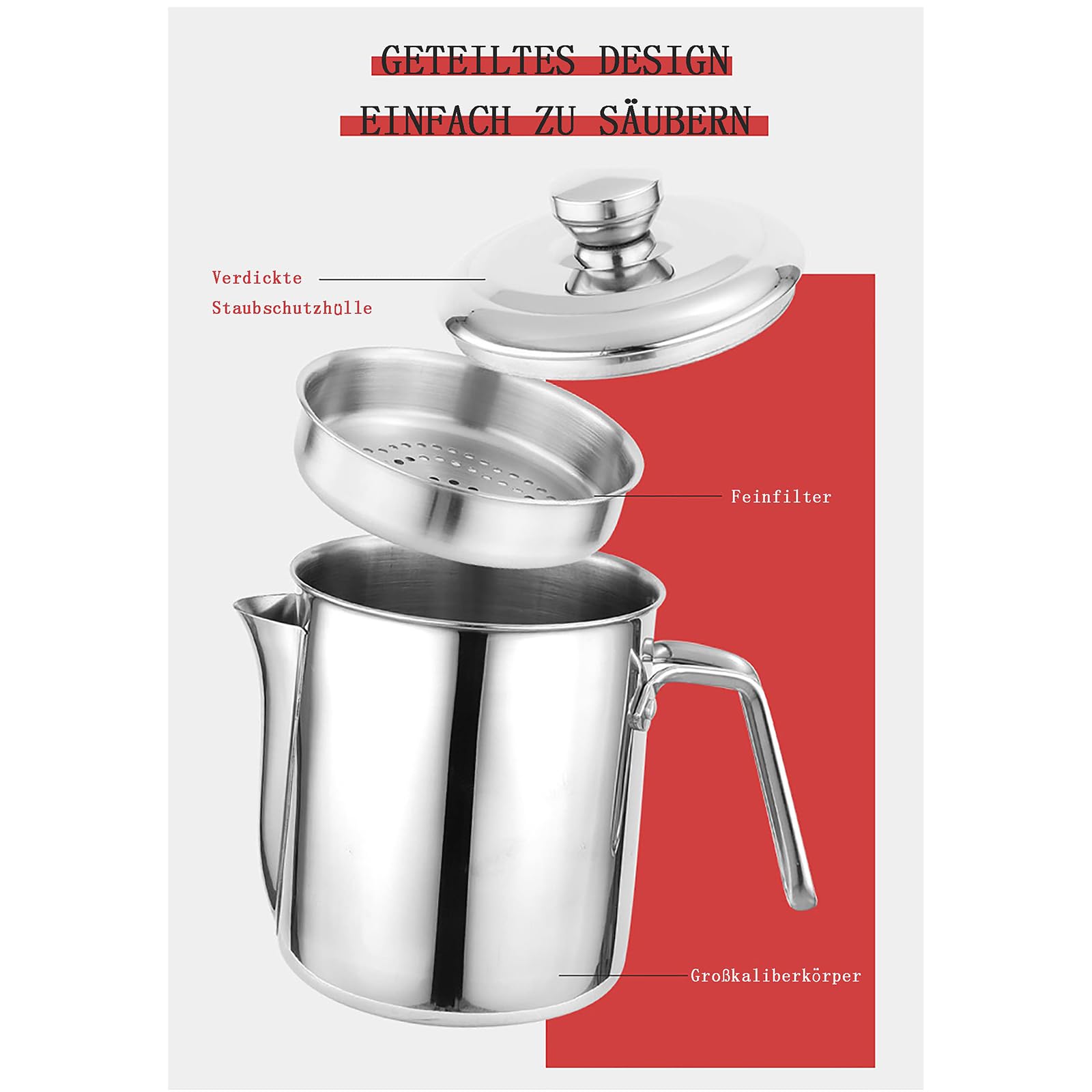 1800 ML Fettabscheider Edelstahl, Fetttrennkanne, Soßen Fetttrenner Sauciere Fetttrenner Mit Deckel Für Das Abschöpfen Von Fett Aus Soßen Und Suppen,Silber