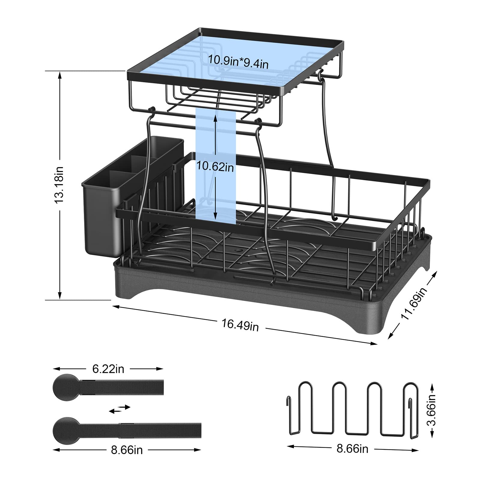 2 Tier Dish Drying Rack for Kitchen Counter, Aredy Black Stainless