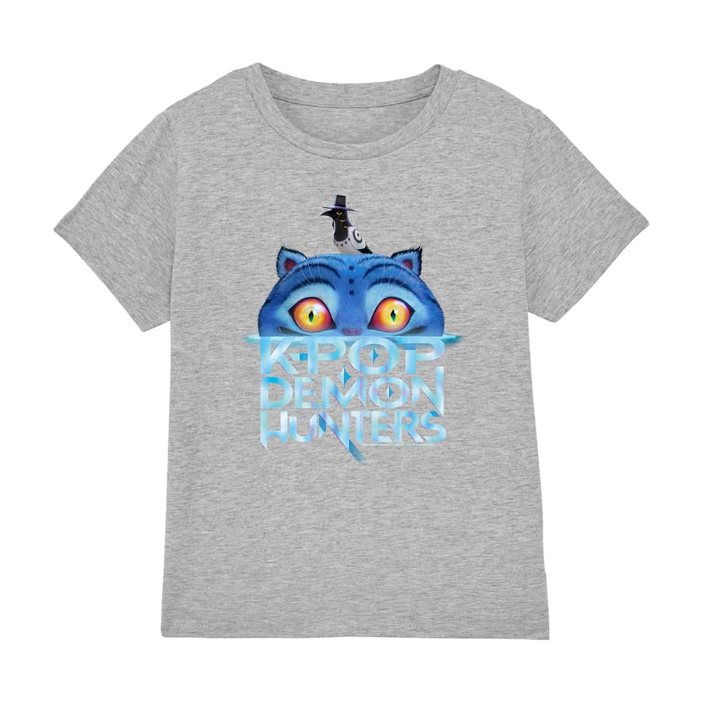 Kpop Demon Hunters Derpy Tiger Sinking Logo Kids T Shirt, Athletic Heather, 5-6