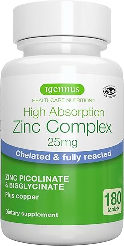 Igennus - Zinc quelatado de 25 mg con cobre, picolinato y bisglicinato, etiqueta limpia y complejo de alta absorción, suplemento para mujeres y