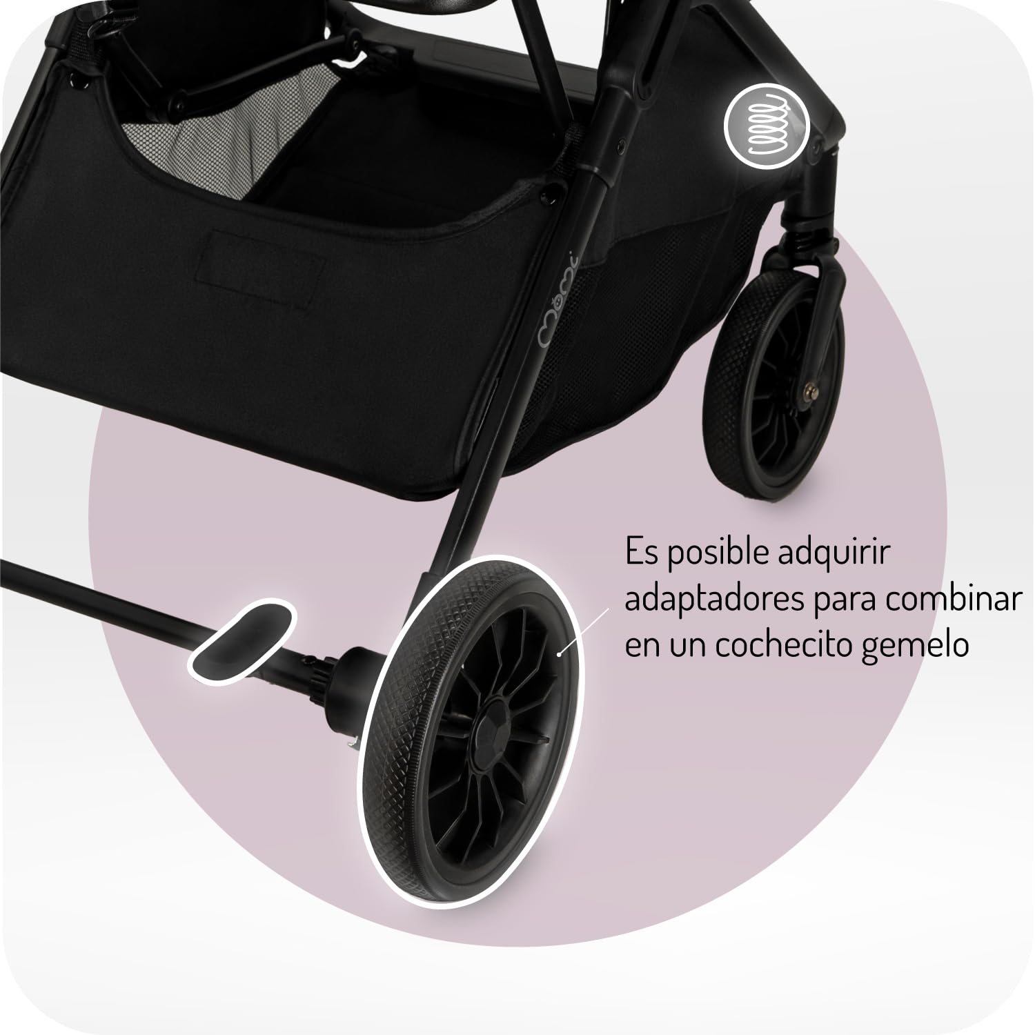 MoMi ANDREA Silla de Paseo Ligera Autoplegable hasta 22 kg | Plegado con Una Mano, Arnés de 5 Puntos, Ruedas EVA, Capota UPF 50+, Mochila, Portavasos, Mosquitera y Burbuja de Lluvia