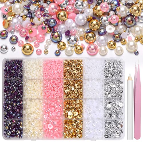 9000Pcs Flatback Pearls for Crafting Silver Gold White Nail Half Pearls 3-8mm Color Pink Beige Purple Half Round ABS Flatback Pearl Gems Bedazzling for Nails DIY Shoes Clothes Bags